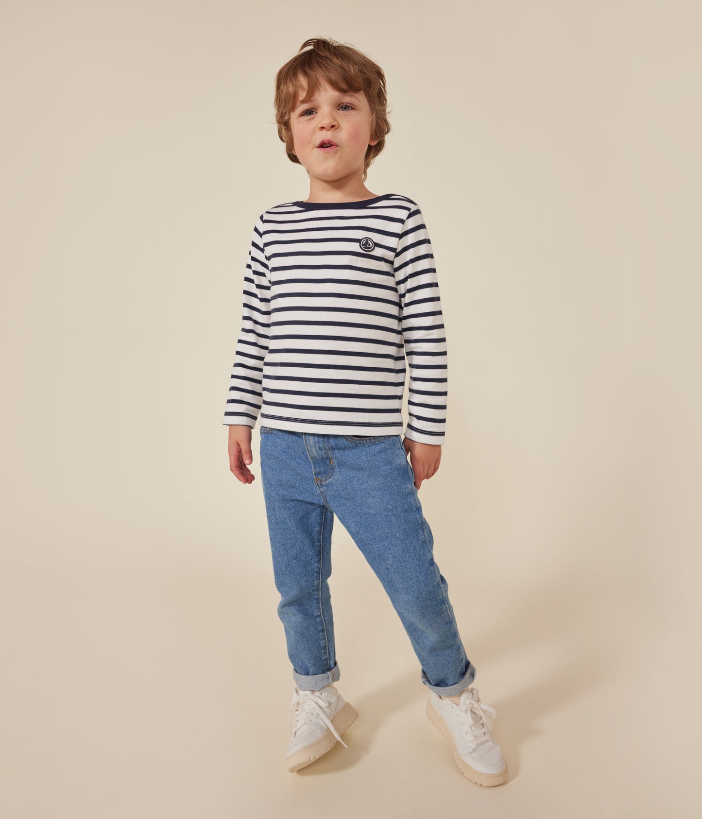 Stribet trøje til børn i økologisk bomuld til børn - hvid/blå