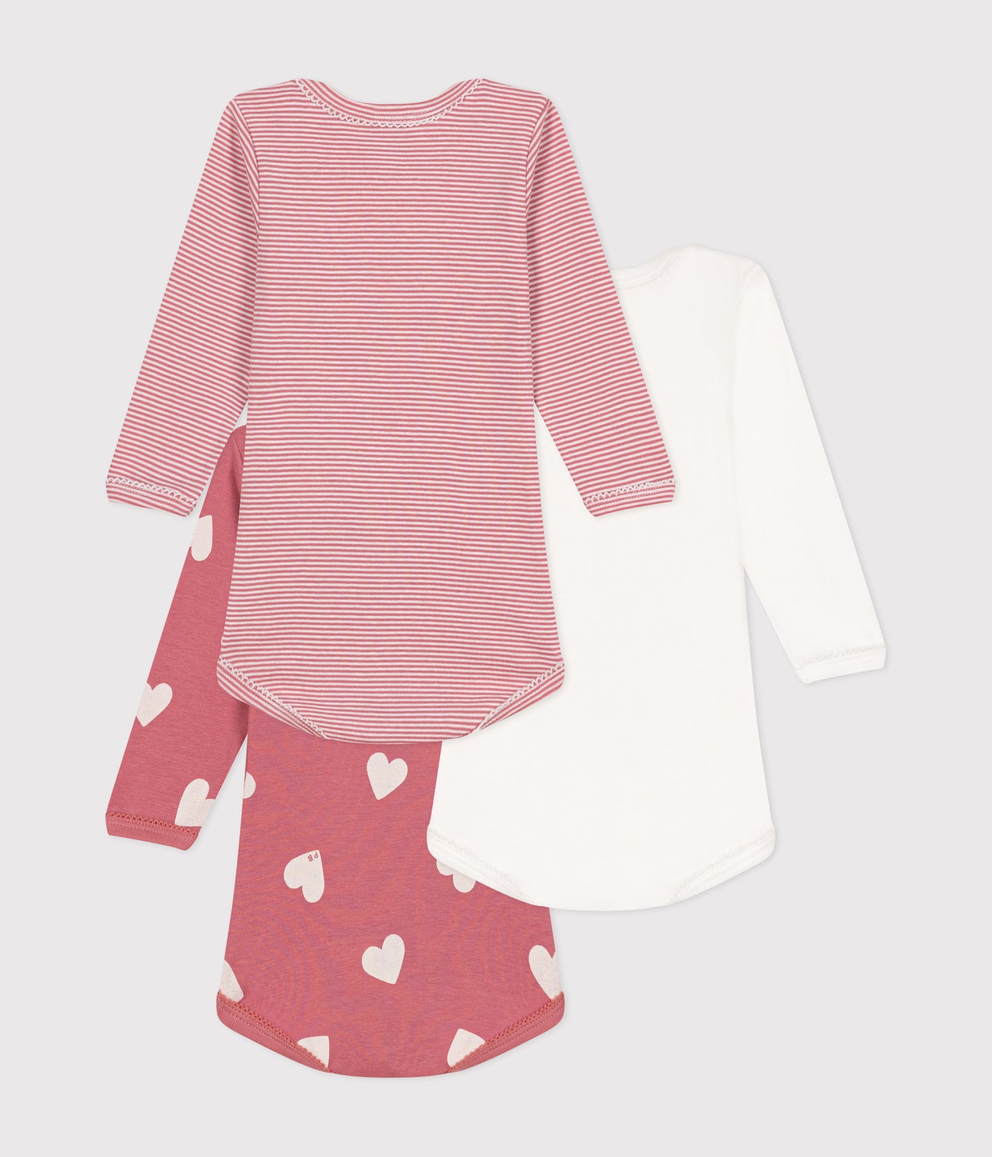 3-pak langæmede body - hvid, røde striber og rød//creme hjerter