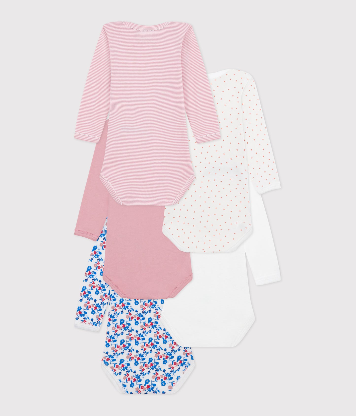 5-pak langæmede body - ensfarvet, blomster og striber