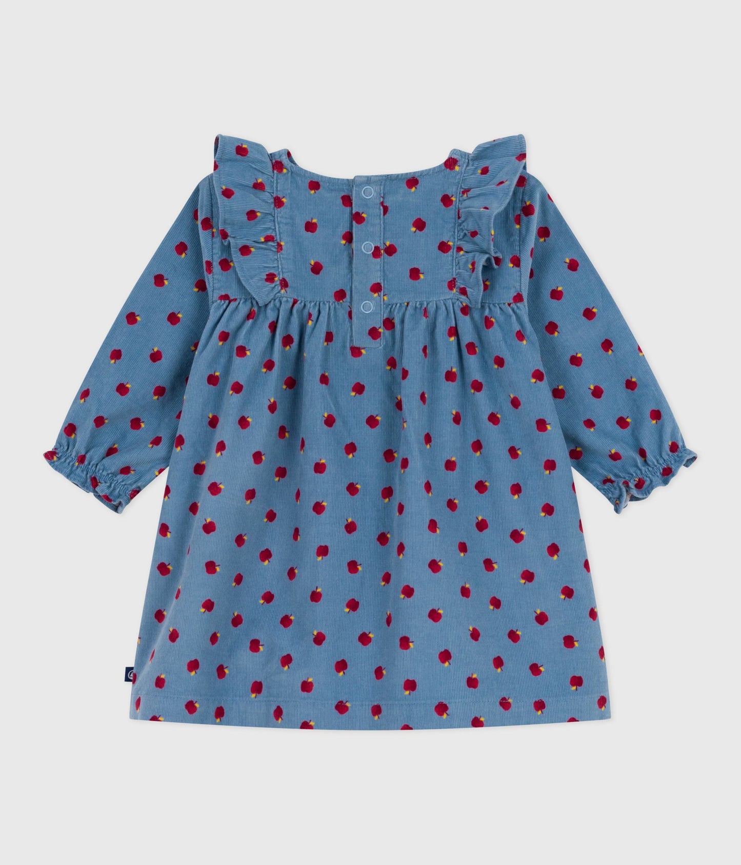 Blå fløjlskjole med æbleprint til baby