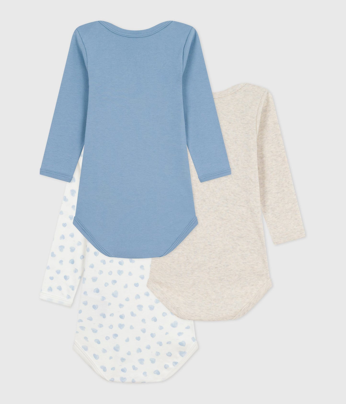 3-pak langæmede body - ensfarvede og lyseblå hjerter