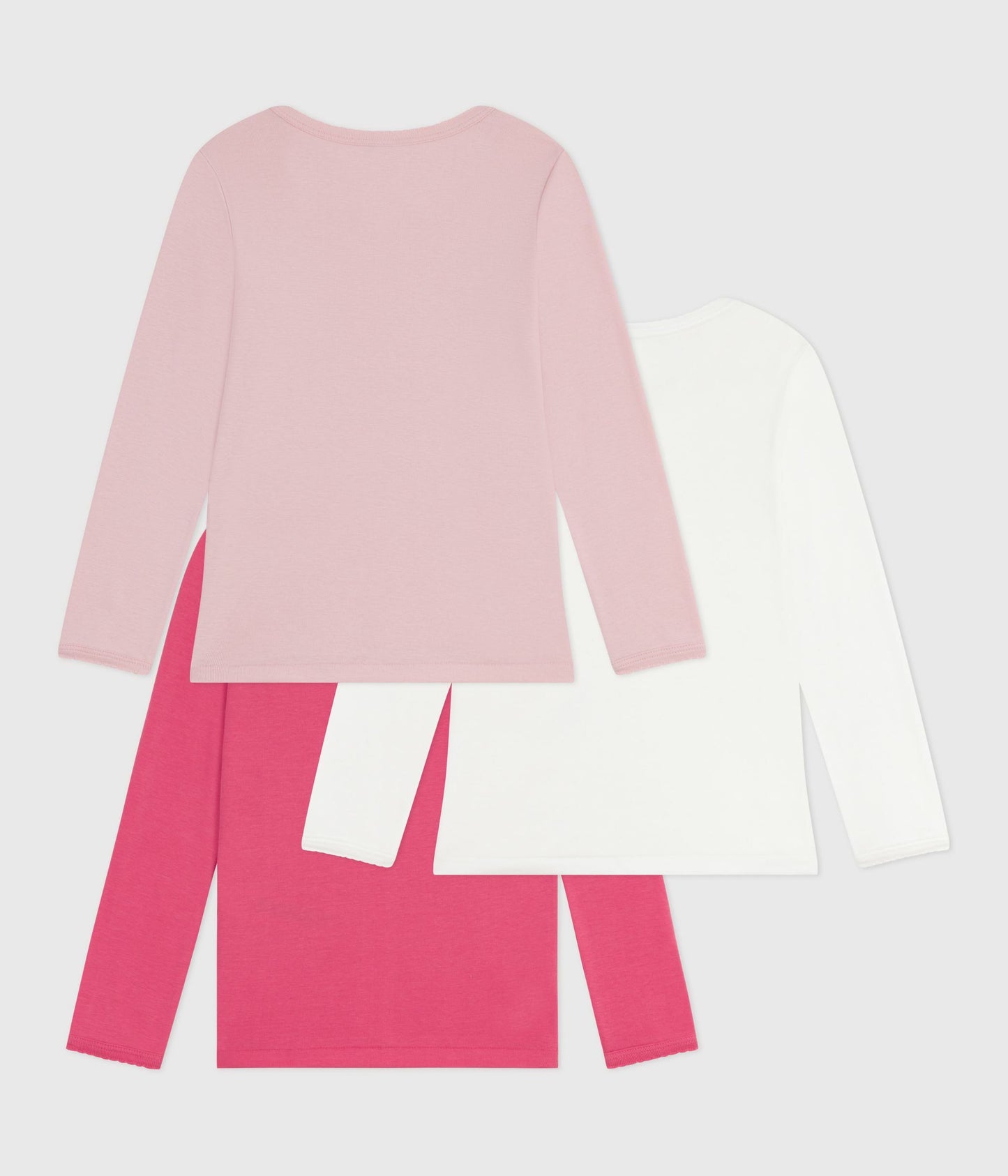 3-pak langærmede t-shirts i bomuld med bølgekant - lyserøde og hvid