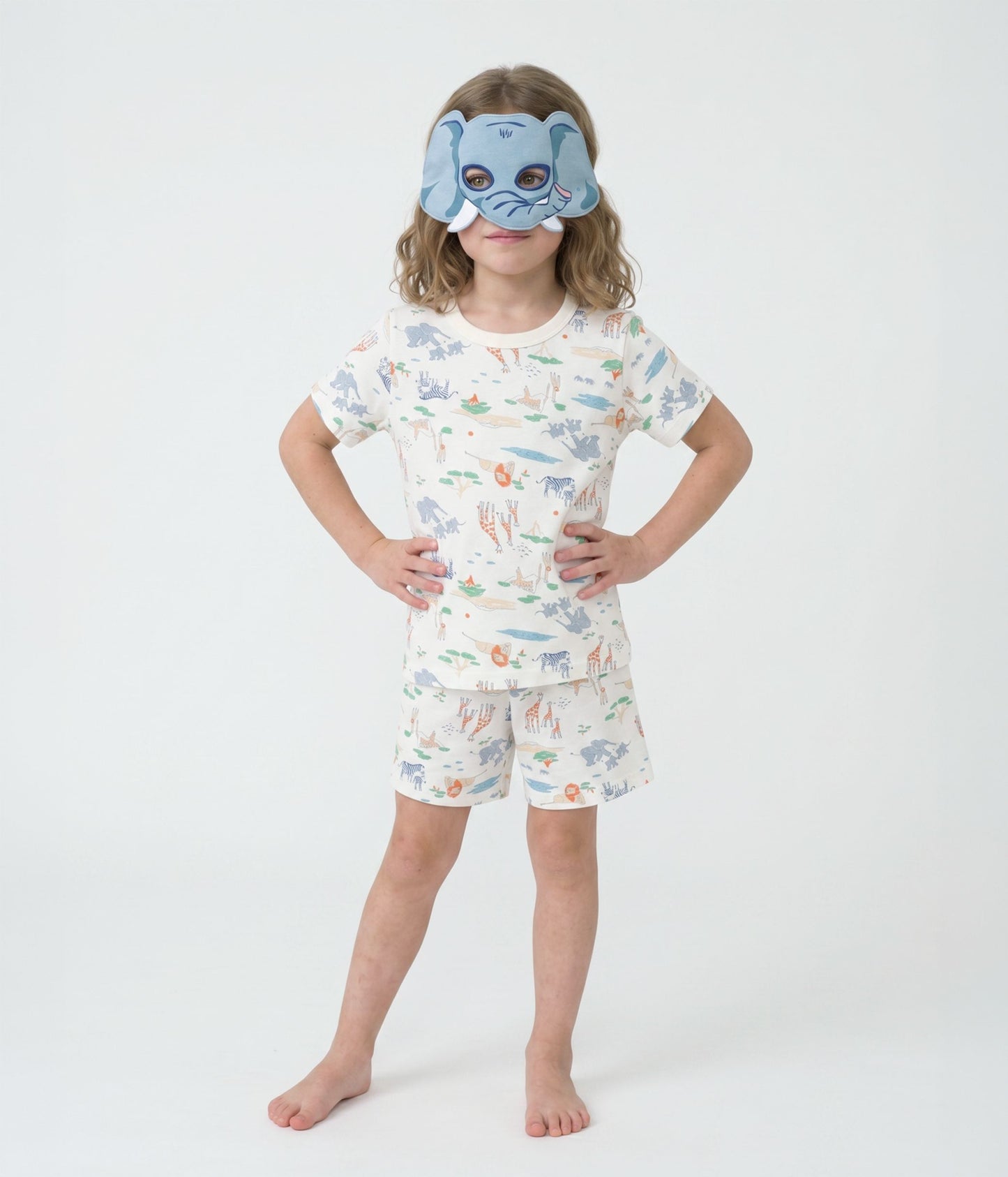 Kortærmet pyjamas med safari print og elefantmaske