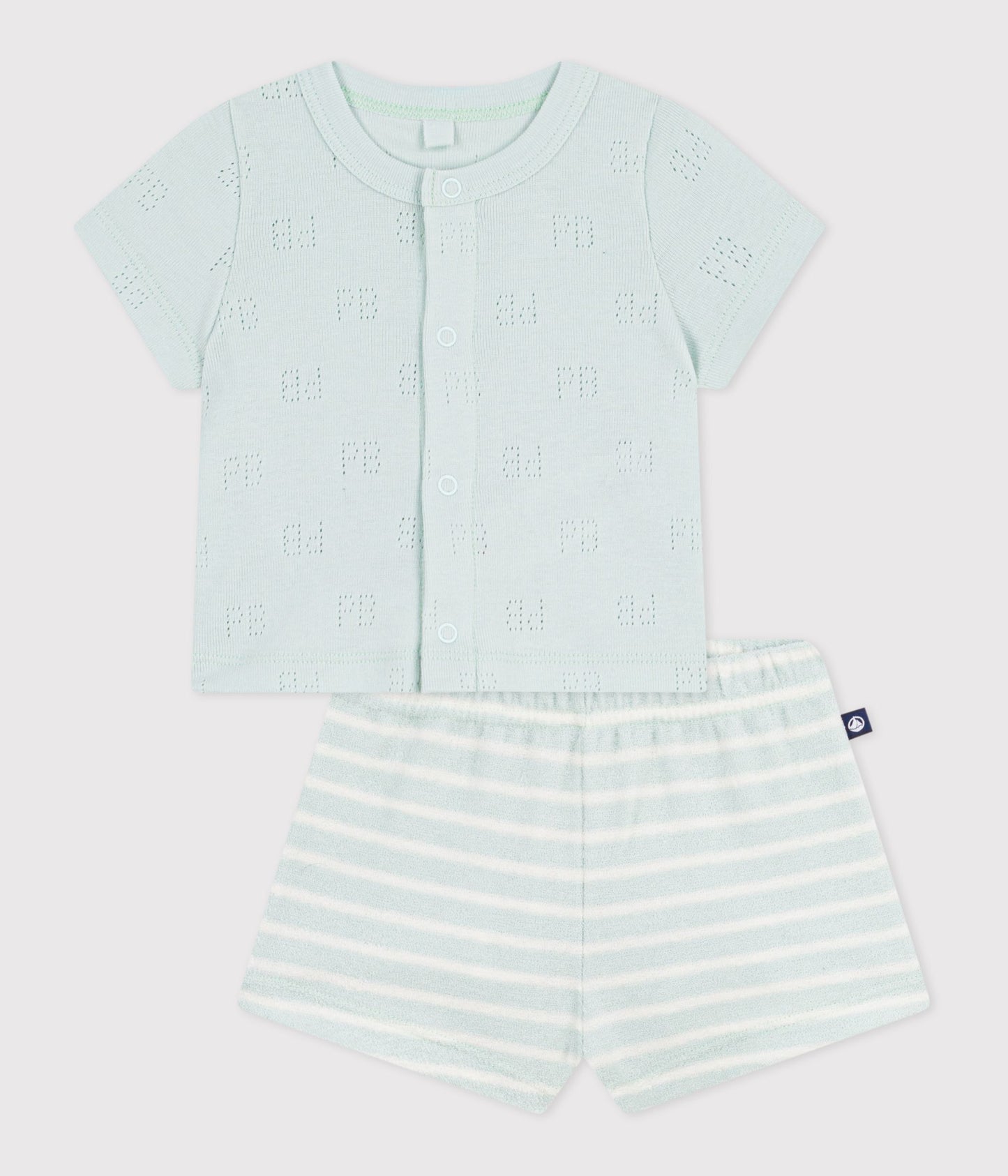 2-delt sæt m/ shorts i bomuldsfrotté/t-shirt med hulmønster