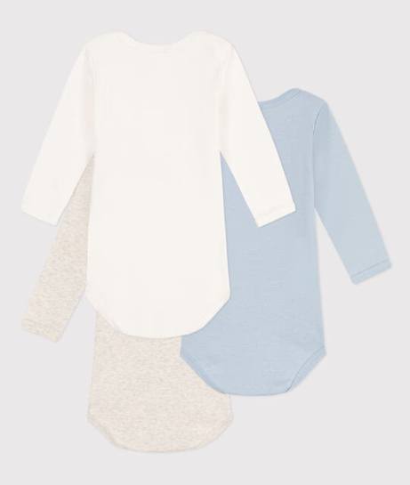 3-pak langærmede body - ensfarvet lyseblå/beige/hvid