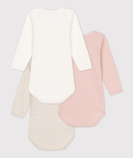 3-pak langærmede body - ensfarvet lyserød/beige/hvid