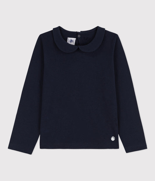 Langærmet t-shirt til piger med Peter-Pan krave - mørkeblå