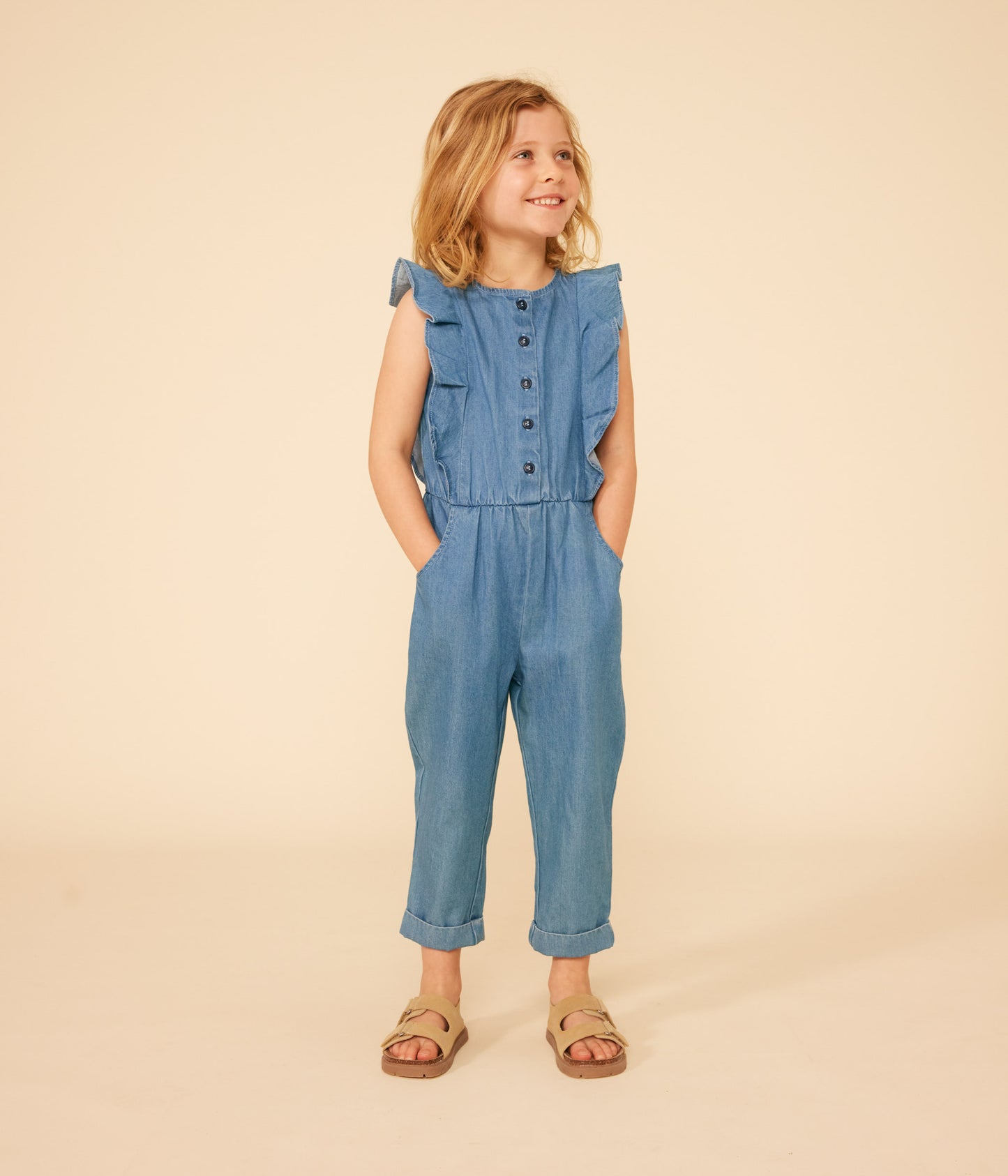 Buksedragt i let denim til piger