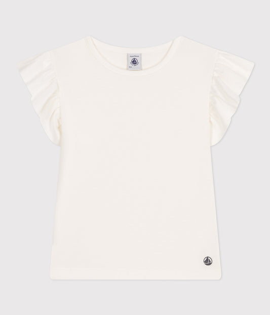 T-shirt i ensfarvet med flæseærme til piger - hvid