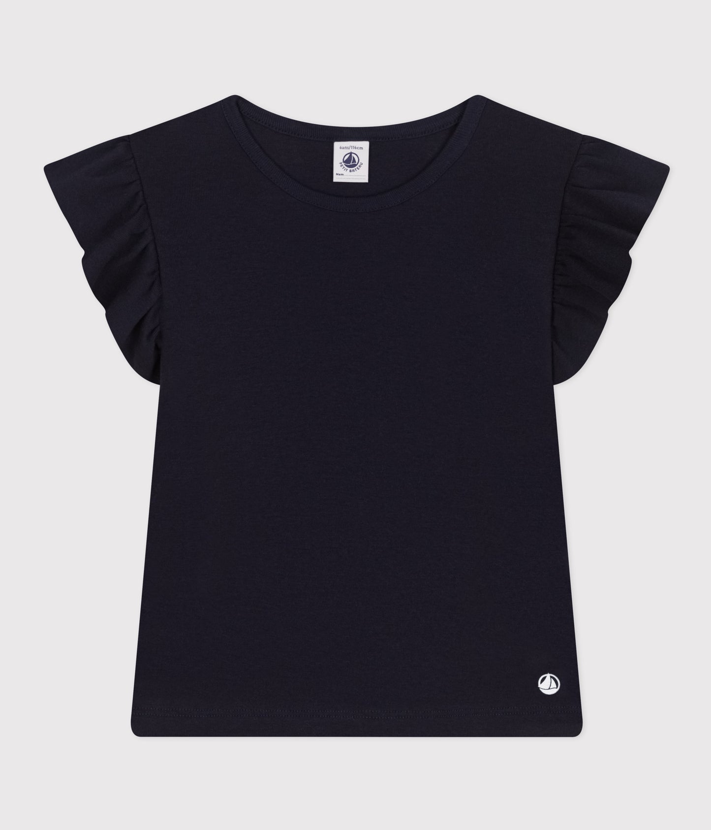 T-shirt i mørkeblå med flæseærmer til piger
