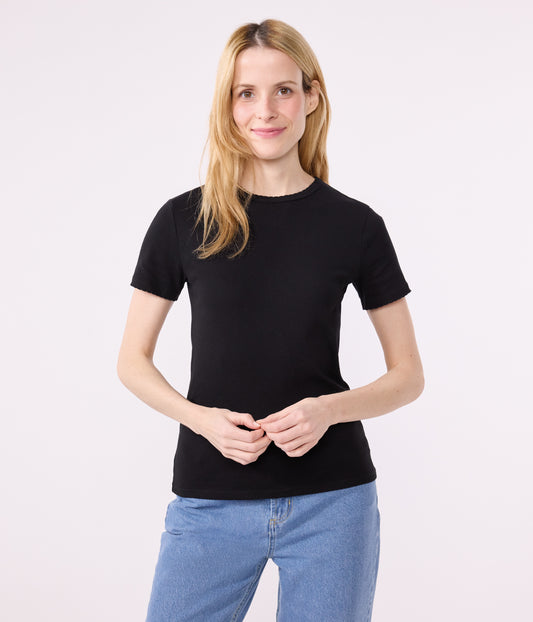 T-shirt med rund hals og bølgekant i bomuld til kvinder - sort