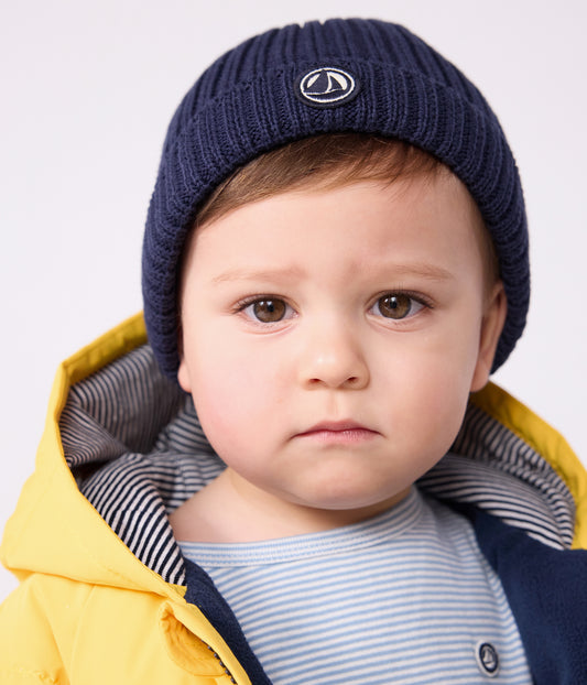 Strikhue med fleecefor til baby - mørkeblå
