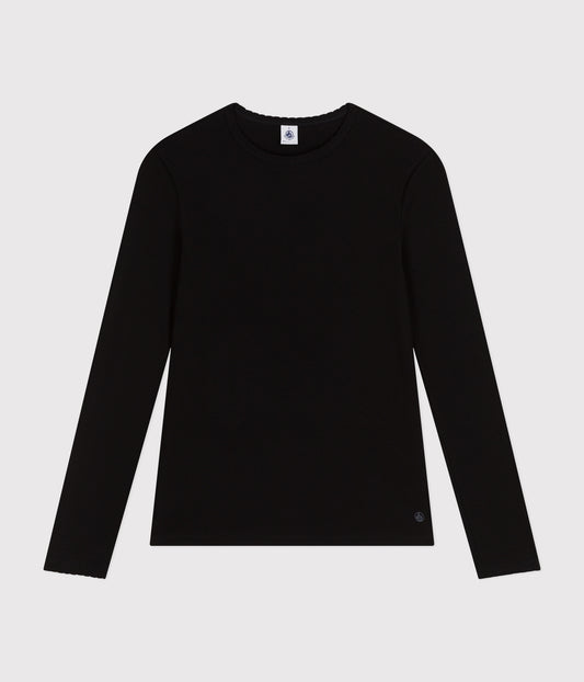 Langærmet T-shirt med bølgekant til kvinder - sort