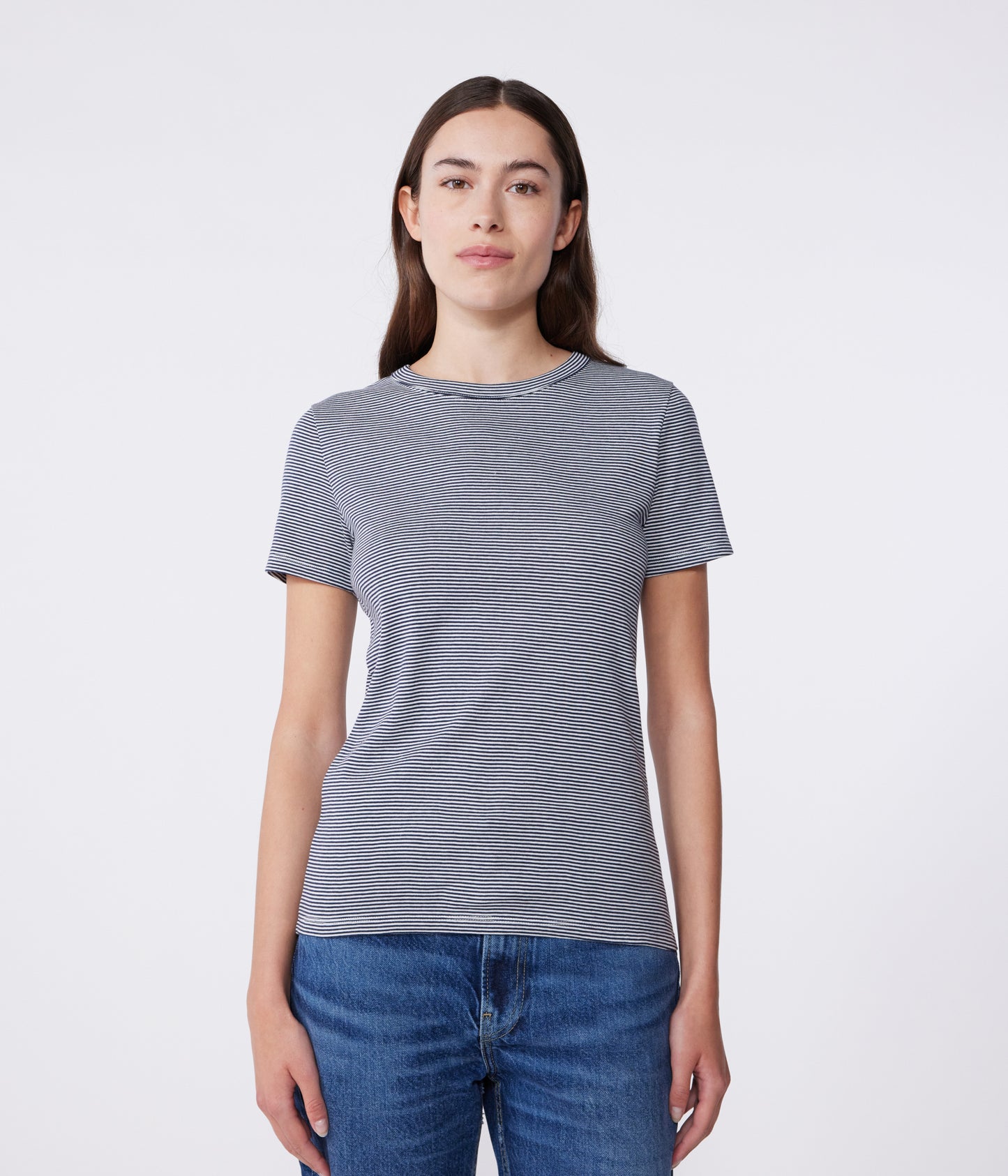 T-shirt med rund hals i bomuld til kvinder - mørkeblå striber