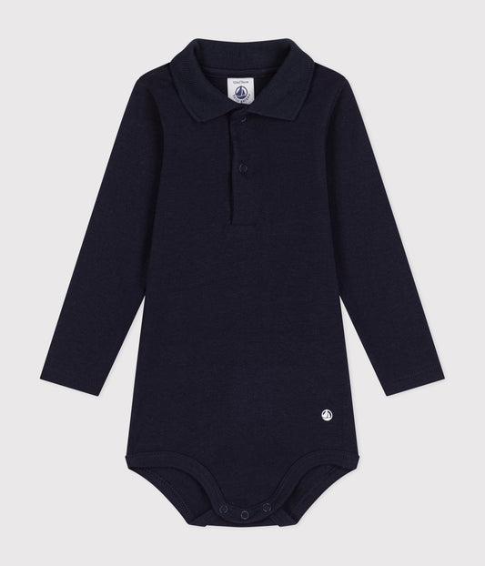Langærmet body med polo-krave - mørkeblå