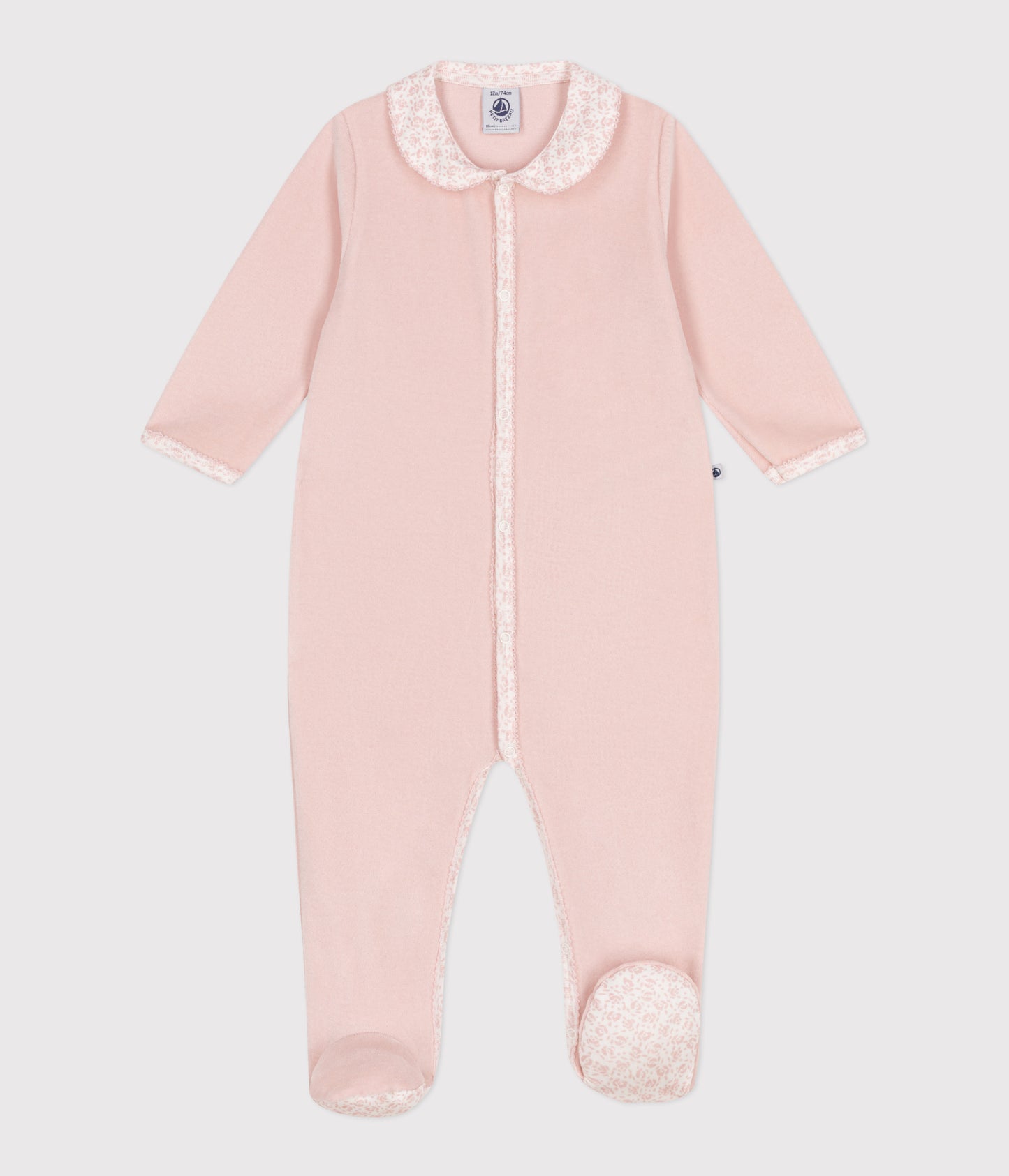 Pyjamas i velour til baby - lyserød med blomsterkrave