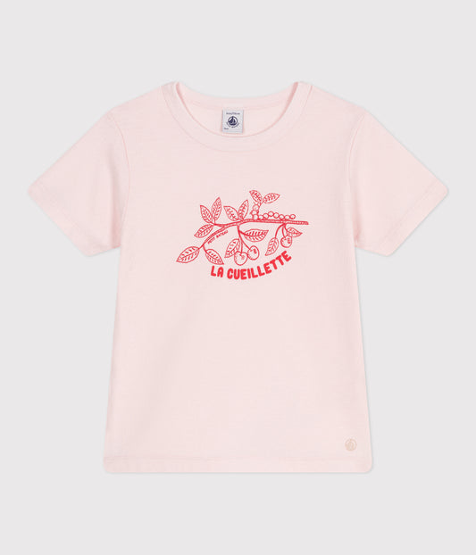 T-shirt i bomuld til børn - lyserød med rødt print