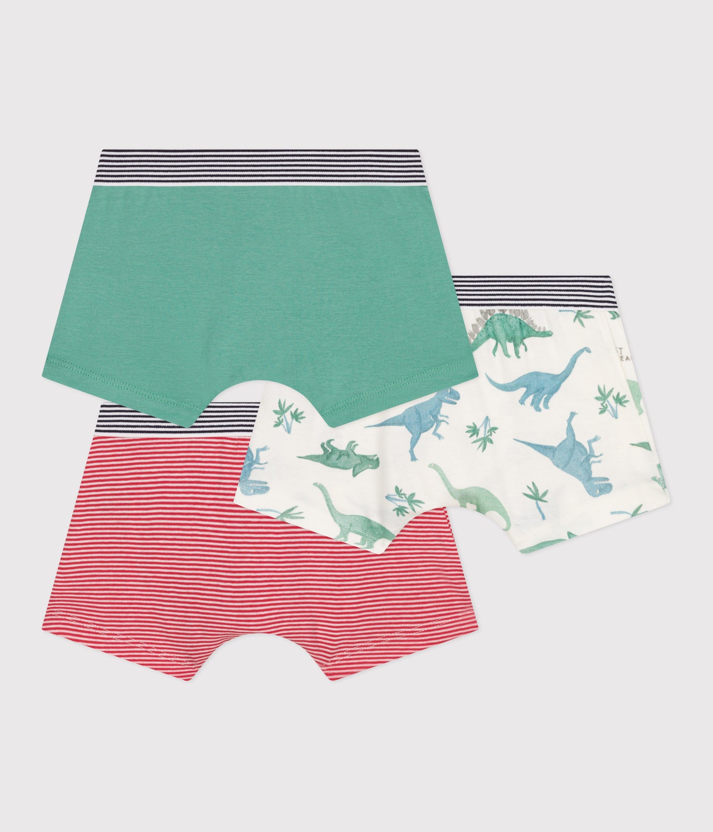 3-pak boxershorts i bomuld til drenge ensfarvet, røde striber og dinosaurprint