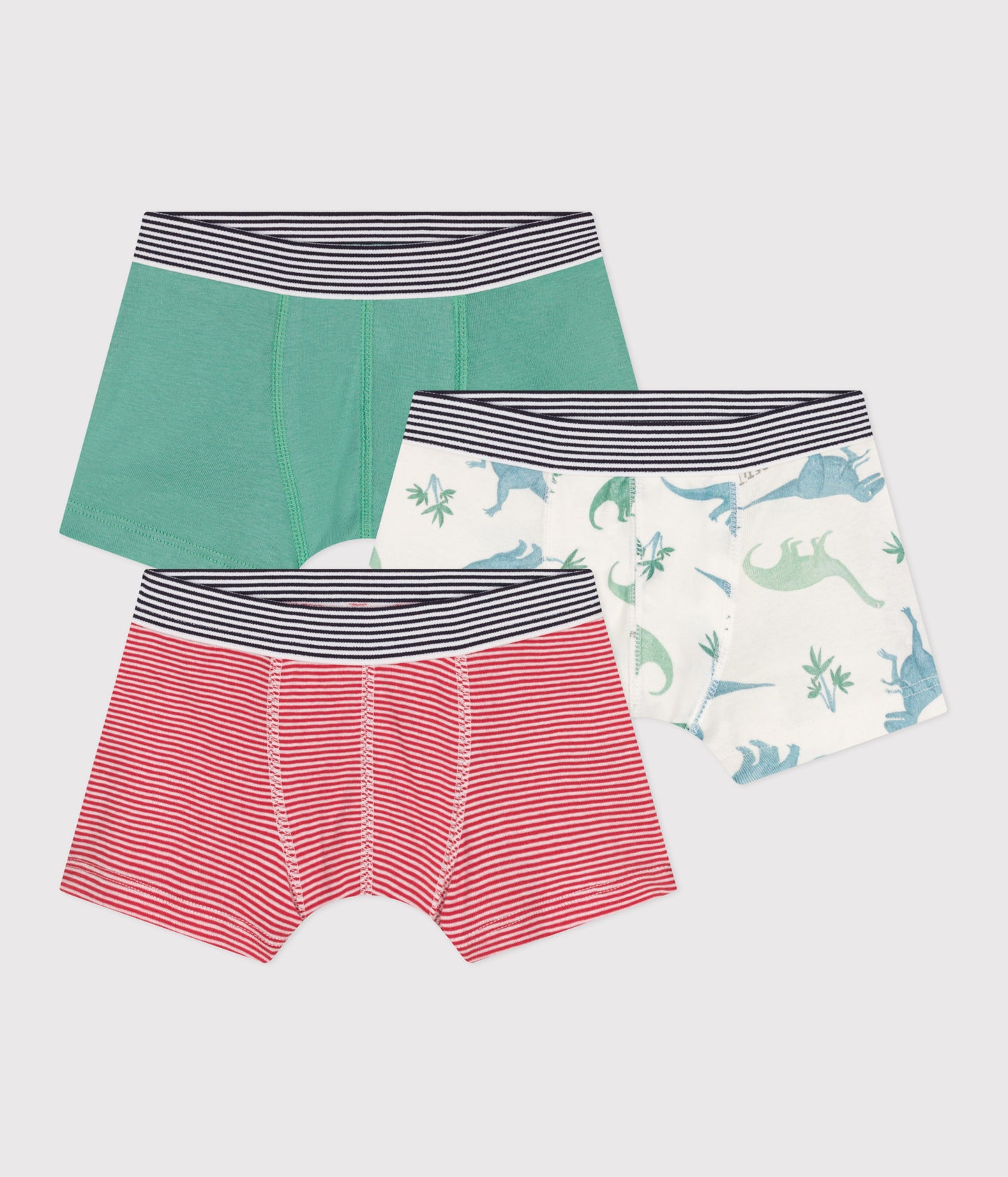3-pak boxershorts i bomuld til drenge ensfarvet, røde striber og dinosaurprint