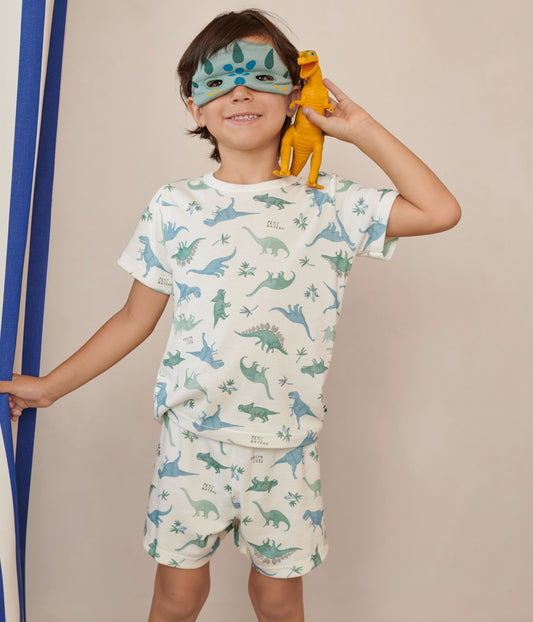 Kortærmet pyjamas med dinosaurprint og maske til børn