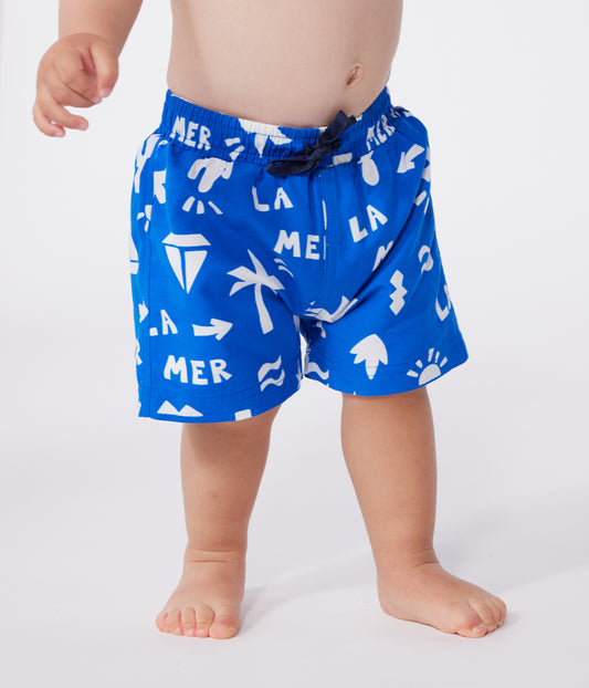 Badebukser til baby - blå med hvidt strandprint