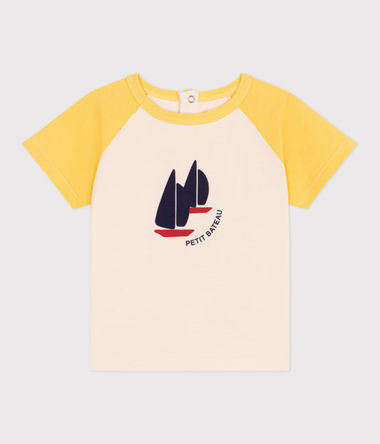 T-shirt i bomuld med print til baby - beige/gul