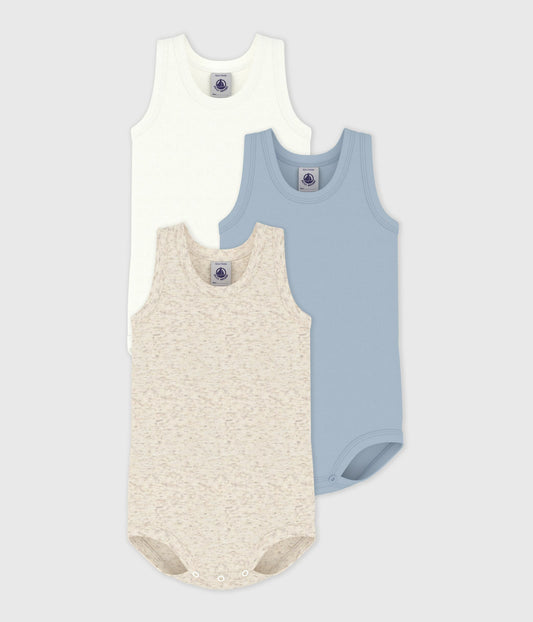 3-pak body med brede stropper - Hvide/blå/beige