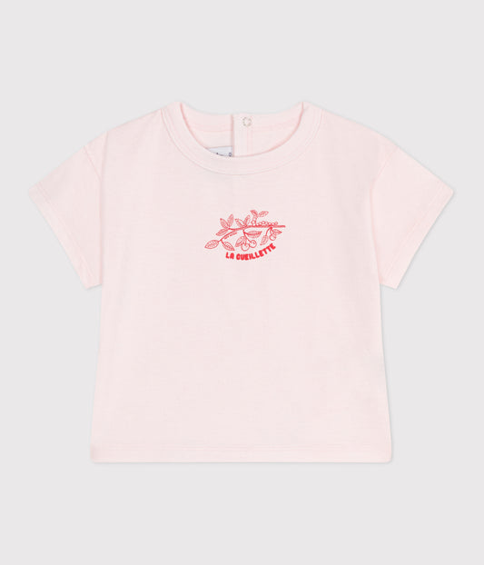 T-shirt i bomuld til baby - lyserød med rødt print