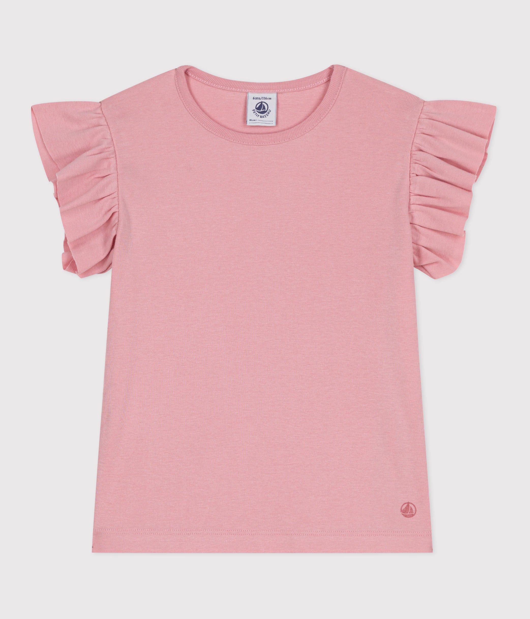 T-shirt i ensfarvet med flæseærme til piger - lyserød