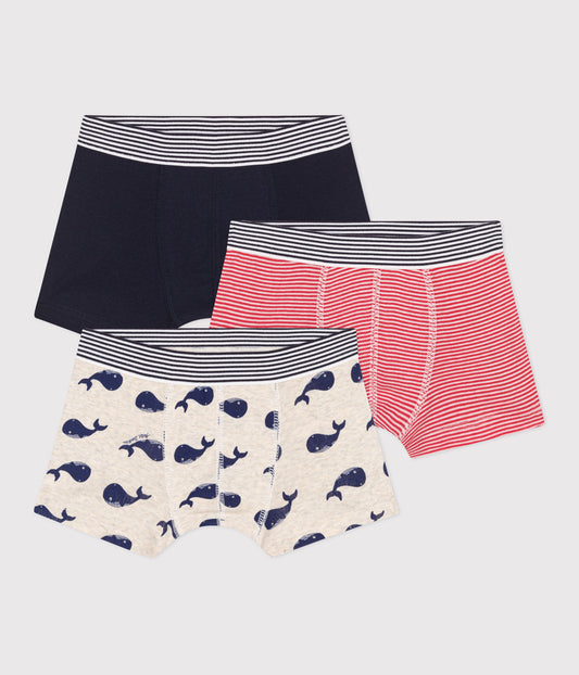 3-pak boxershorts i bomuld til drenge ensfarvet, røde striber og hvaler