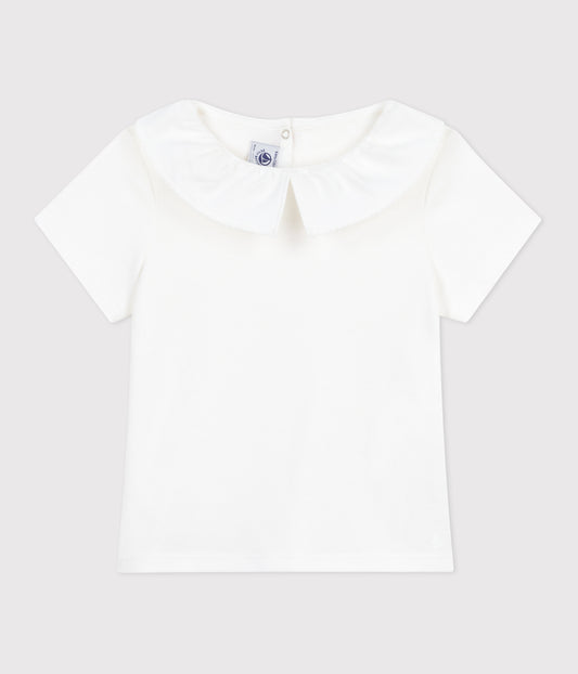 T-shirt i ensfarvet med flæsekrave til piger - hvid