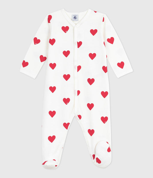 Pyjamas med fødder i børstet fleece - Røde hjerter