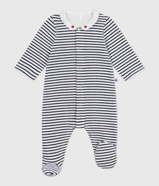 Pyjamas i velour til baby med striber og krave