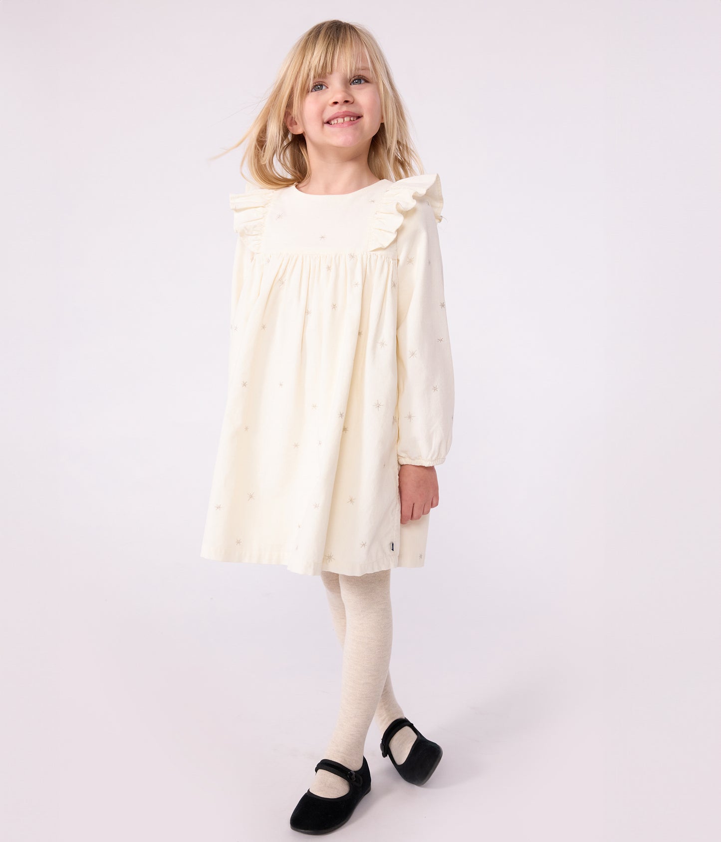 Fløjlskjole i råhvid med stjerner til piger