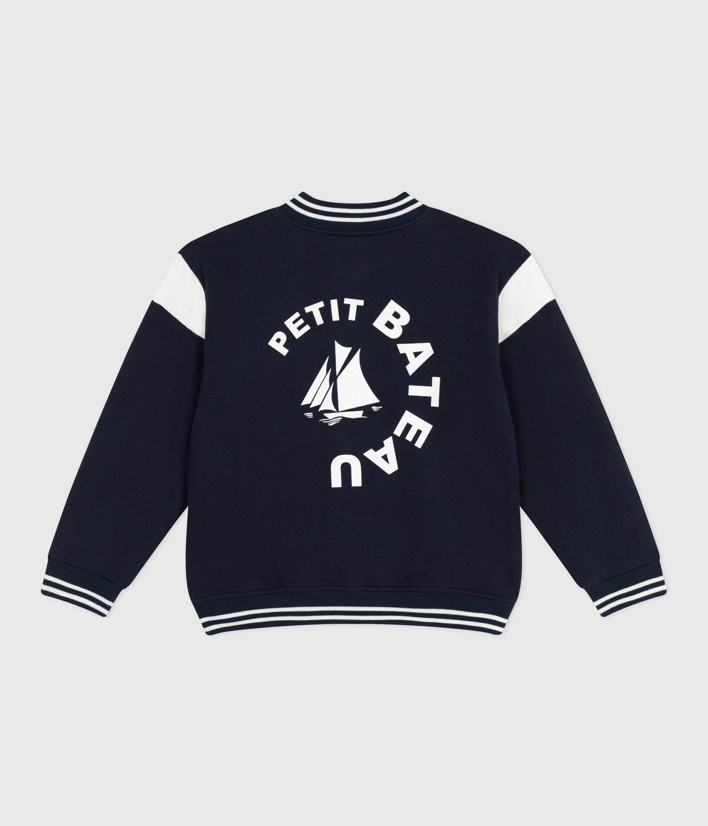 Varsity-style jakke i mørkeblå med logo på ryggen