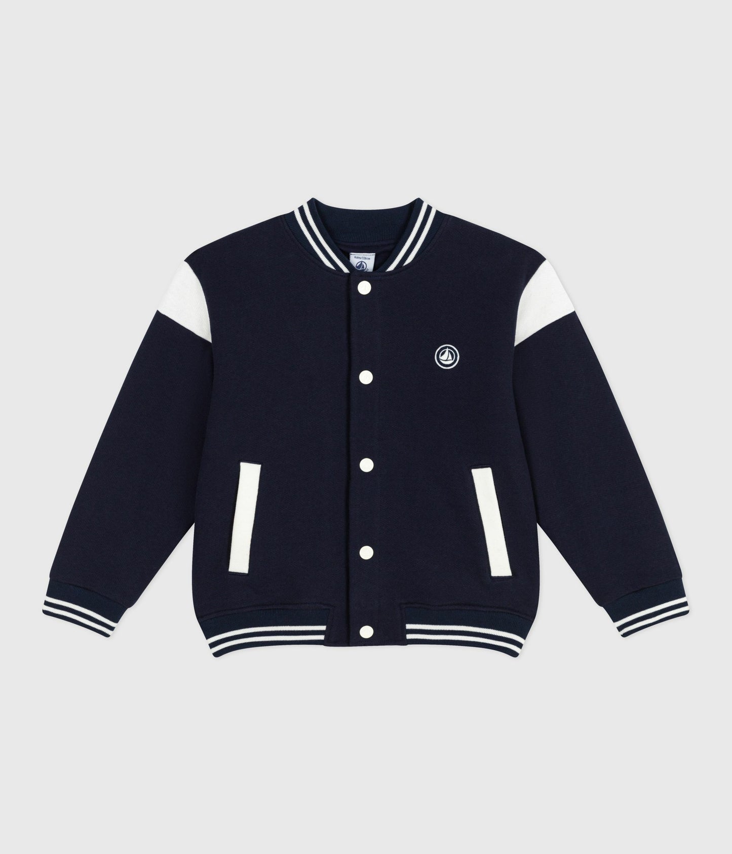 Varsity-style jakke i mørkeblå med logo på ryggen