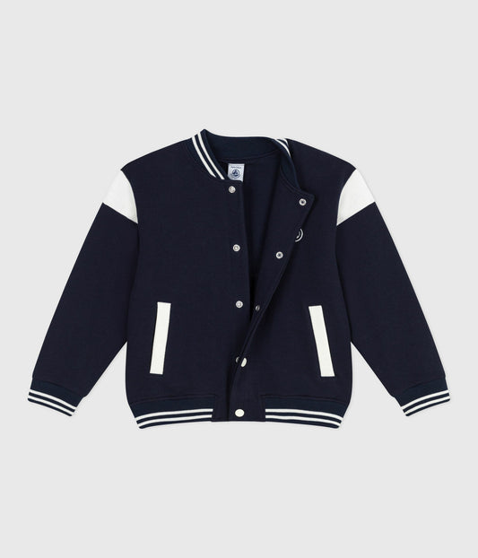 Varsity-style jakke i mørkeblå med logo på ryggen