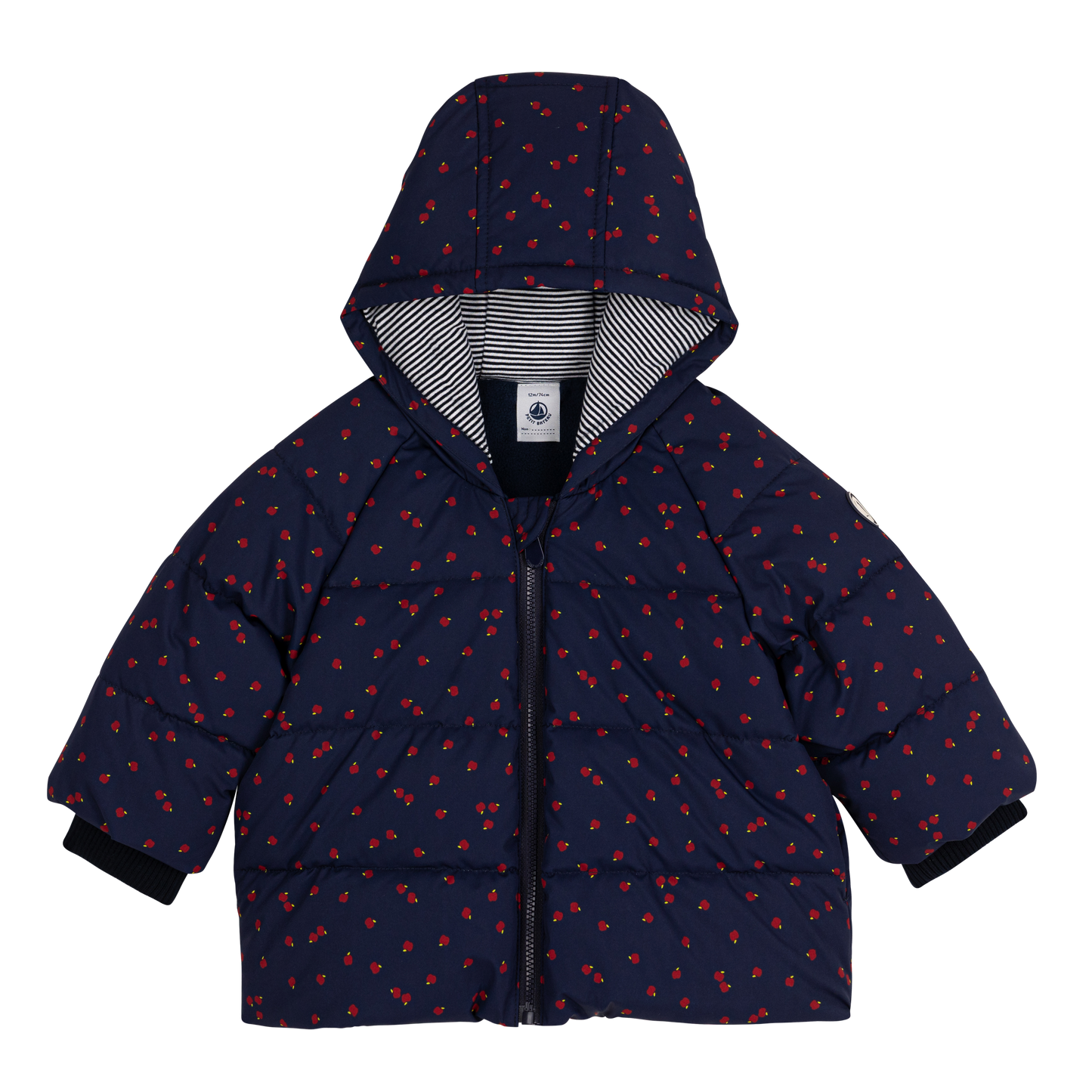Dunjakke i mørkeblå med æbleprint til baby