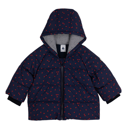 Dunjakke i mørkeblå med æbleprint til baby