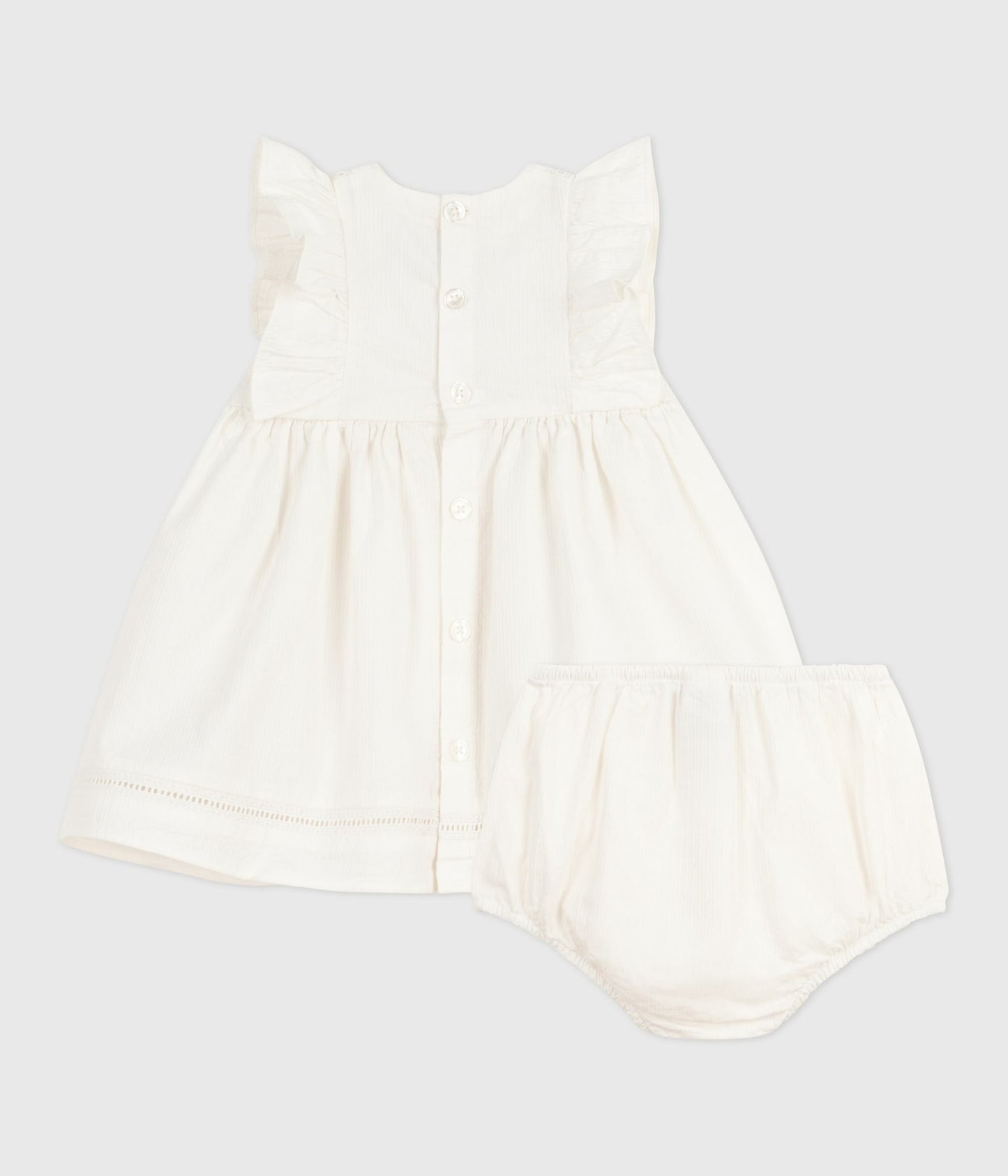 Hvid broderede bomuldskjole med matchende bloomers til baby