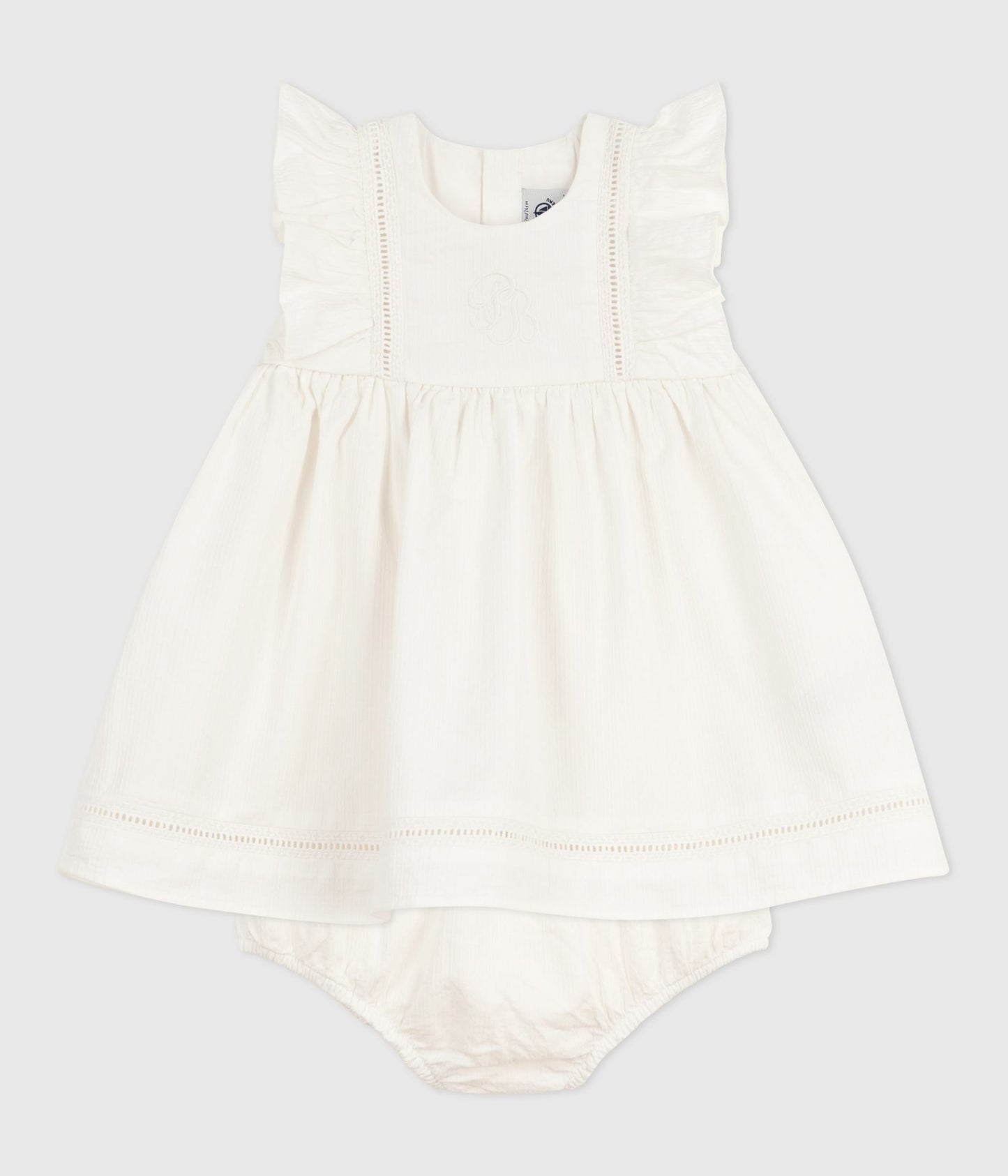 Hvid broderede bomuldskjole med matchende bloomers til baby