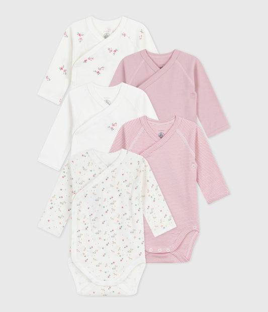 5-pak langærmede body med krydslukning - lyserøde striber/blomster
