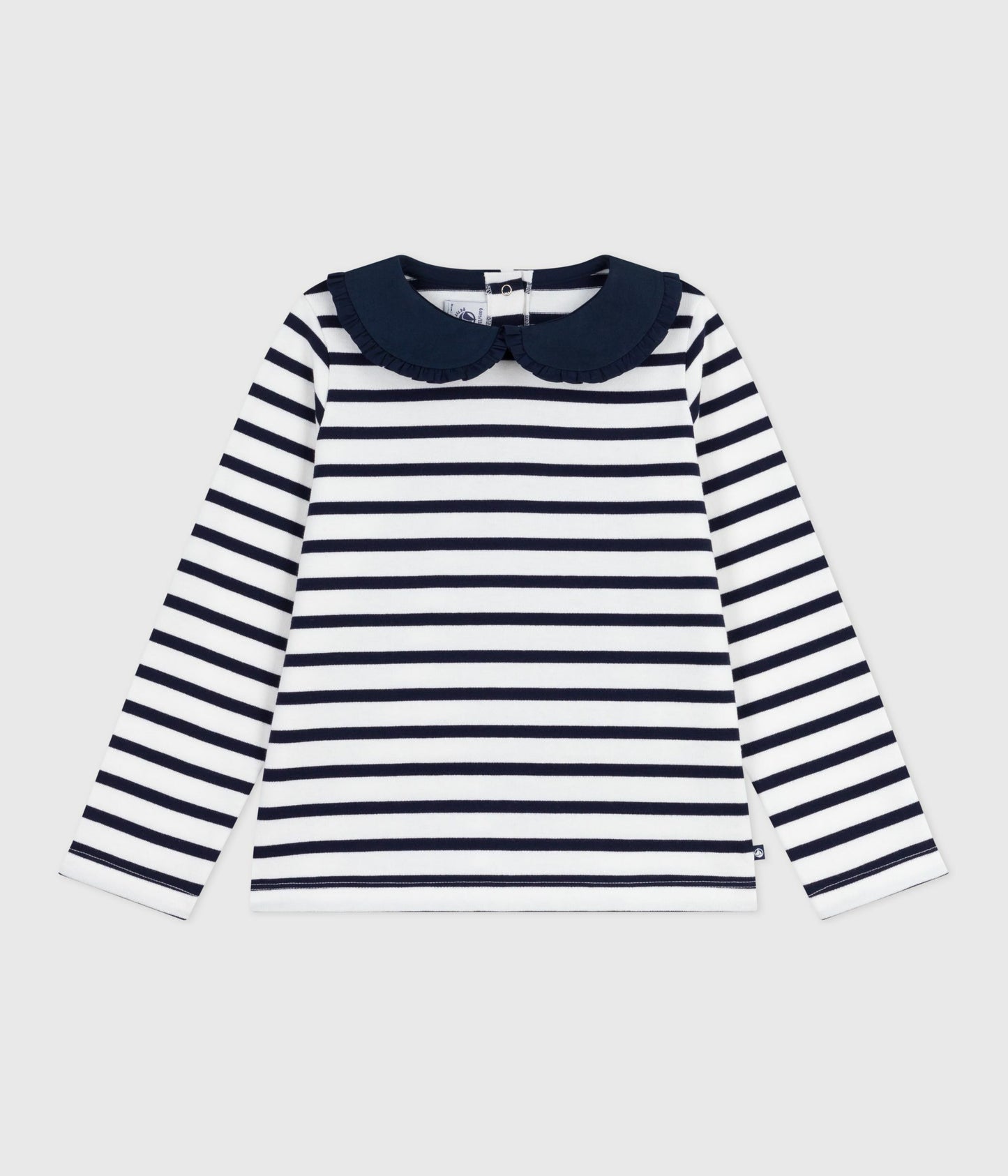 Langærmet t-shirt til piger med blå striber og krave