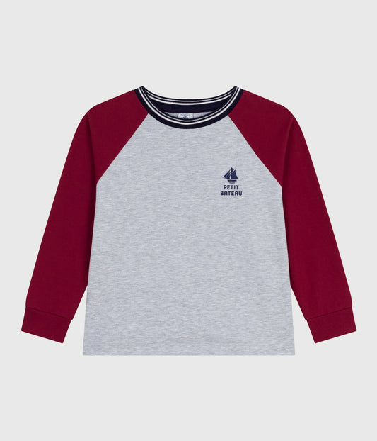 Langærmet t-shirt grå med røde ærmer til børn