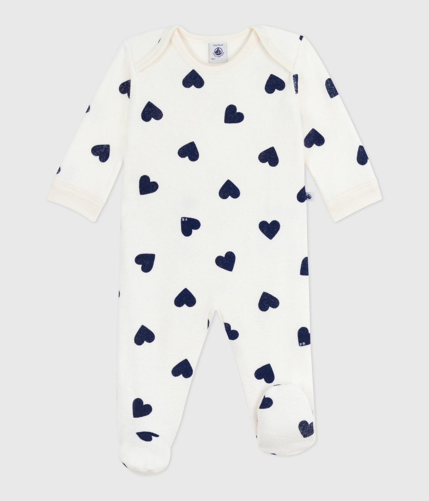 Pyjamas til baby hvid/mørkeblå hjerter og fødder