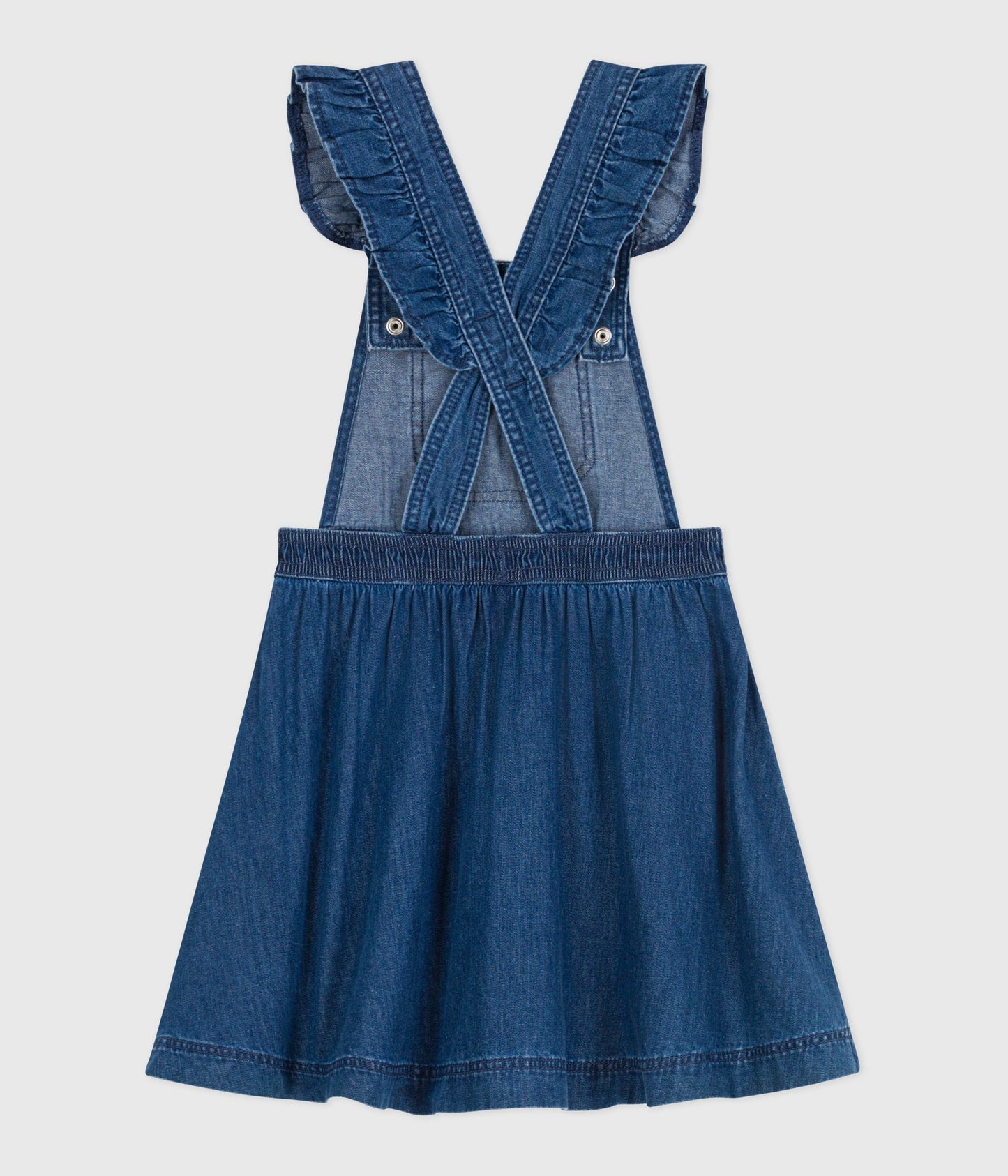 Denim smækkjole med flæser til piger