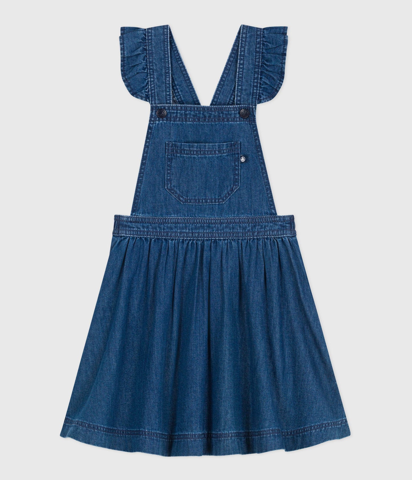 Denim smækkjole med flæser til piger