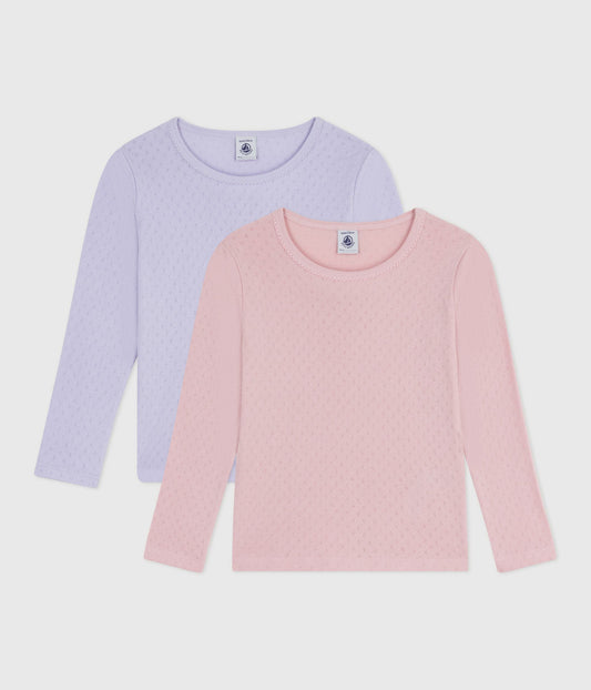 2-pak langærmede t-shirts i ensfarvet pointelle til piger