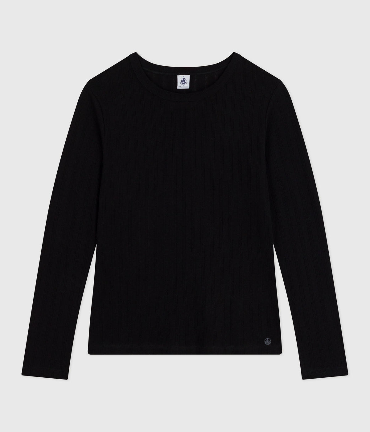 Langærmet t-shirt til kvinder i ensfarvet pointelle - Sort