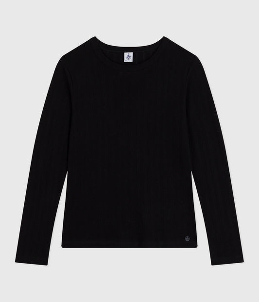 Langærmet t-shirt til kvinder i ensfarvet pointelle - Sort